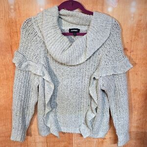 Express Gray Cowl Neck Sweater with Chunky Knit and Ruffles
